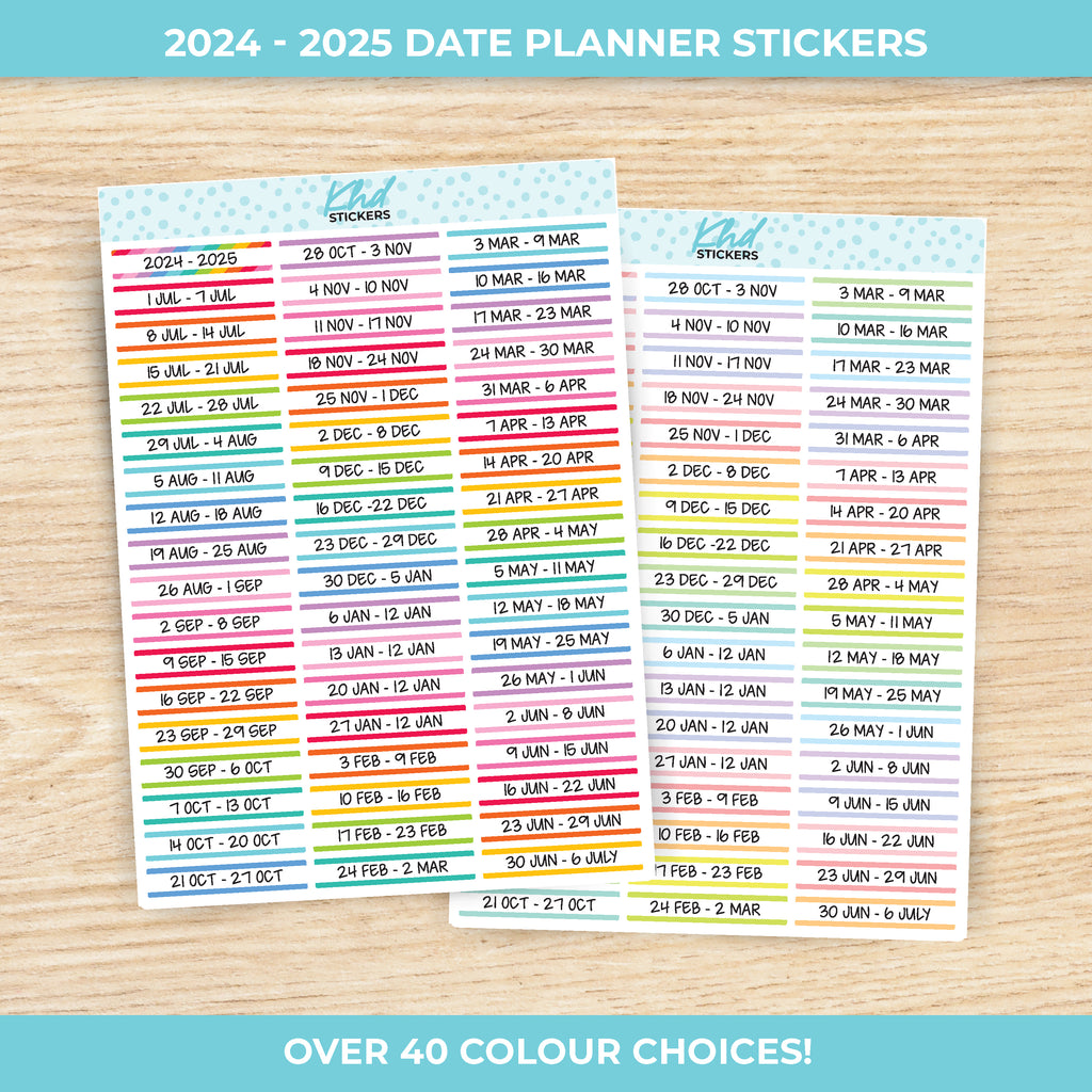 2024 or 2025 Weekly Dated Stickers, Week Starts Monday 2024 - 2025