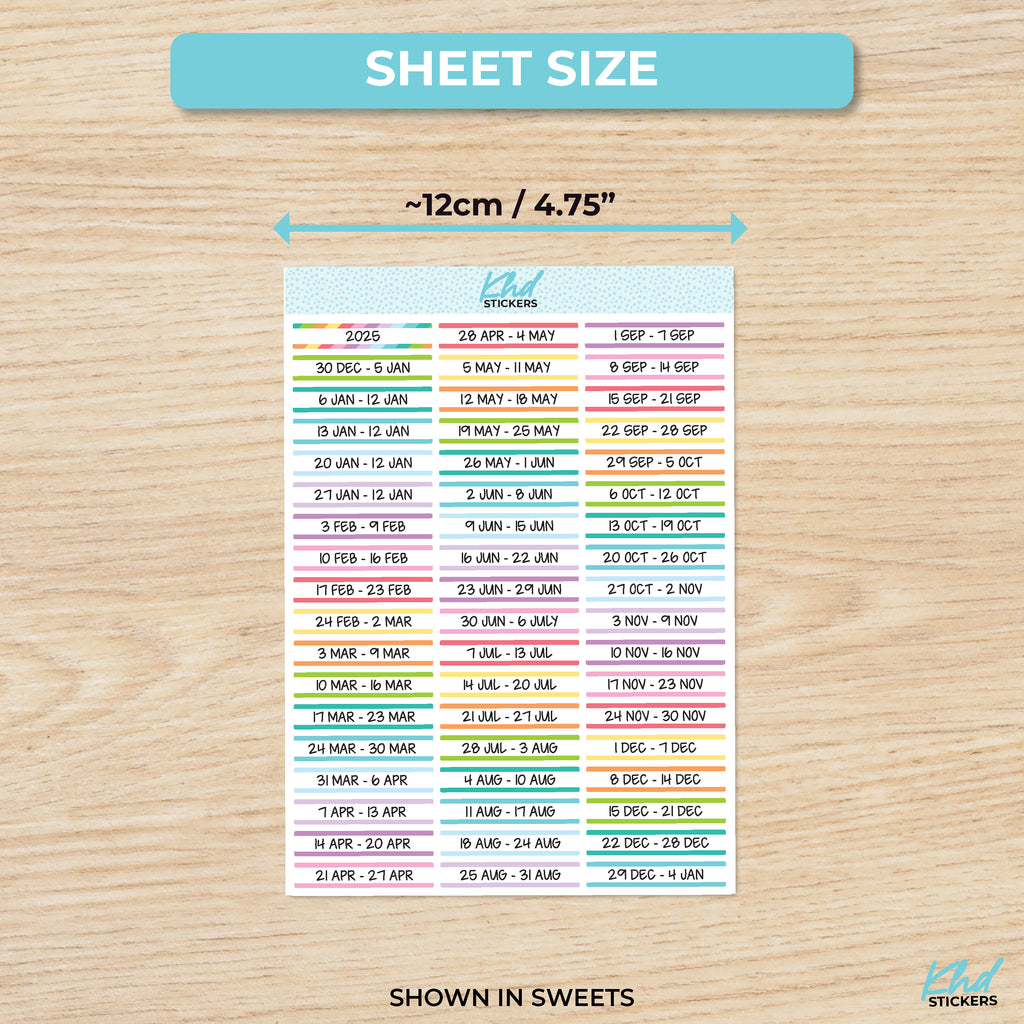 2024 or 2025 Weekly Dated Stickers, Week Starts Monday 2025