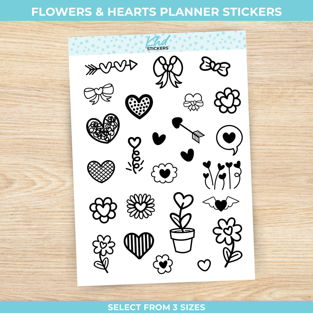 Black & White Flowers and Heart Stickers Small