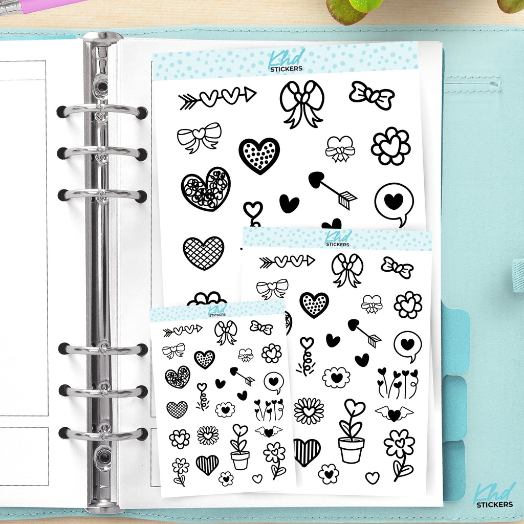 Black & White Flowers and Heart Stickers Small