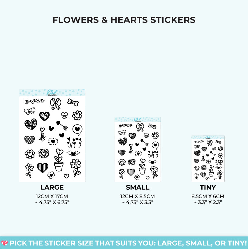 Black & White Flowers and Heart Stickers Small