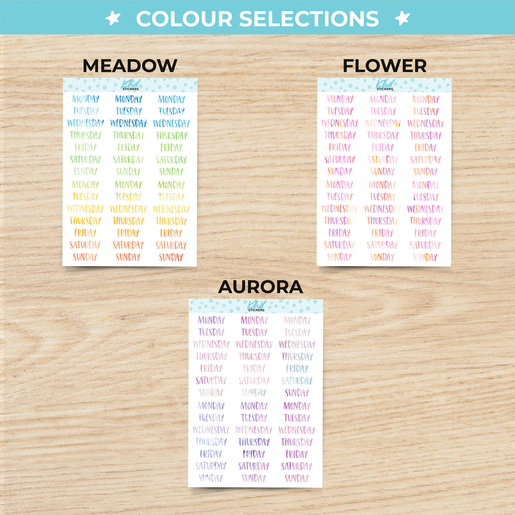 Watercolour Days of the Week Planner Stickers Aurora