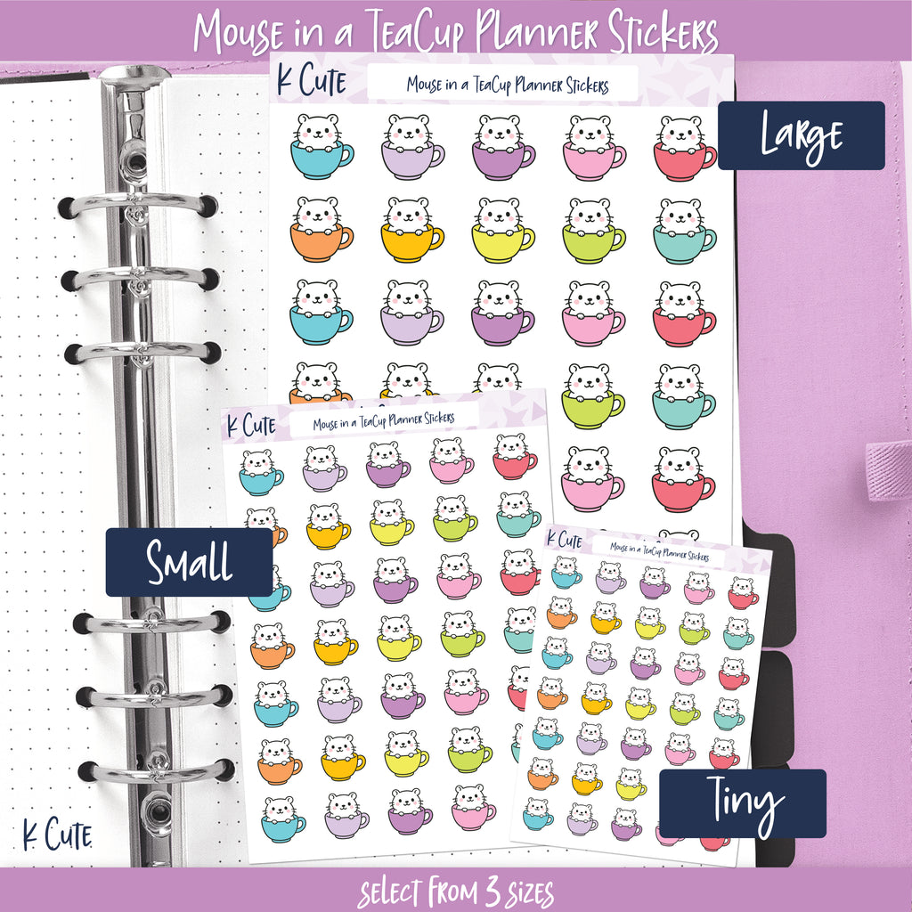 Kawaii Mouse in Teacup – Pastel Animal Planner Stickers Small