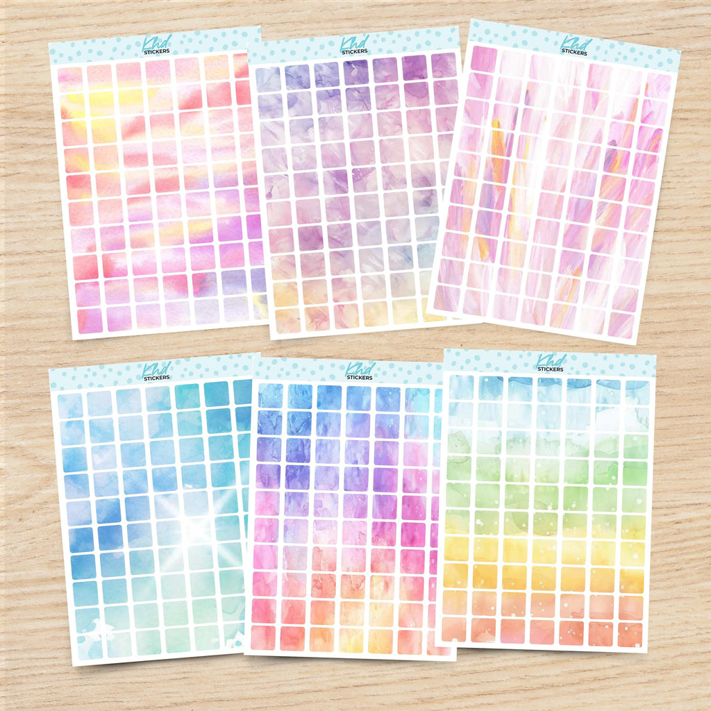 Large Squares Planner Stickers, Watercolour Collection, Removable