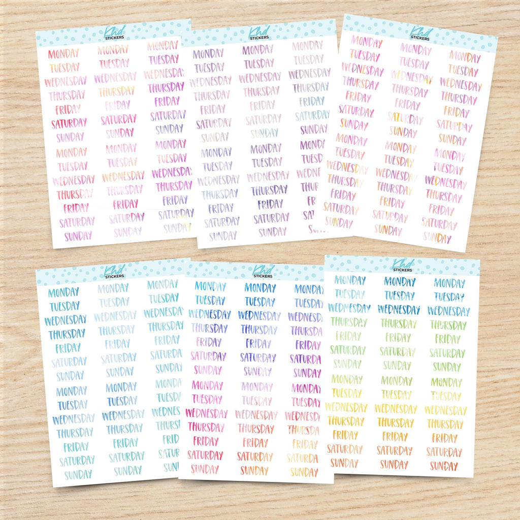 Watercolour Days of the Week Planner Stickers, Watercolour Collection, Removable