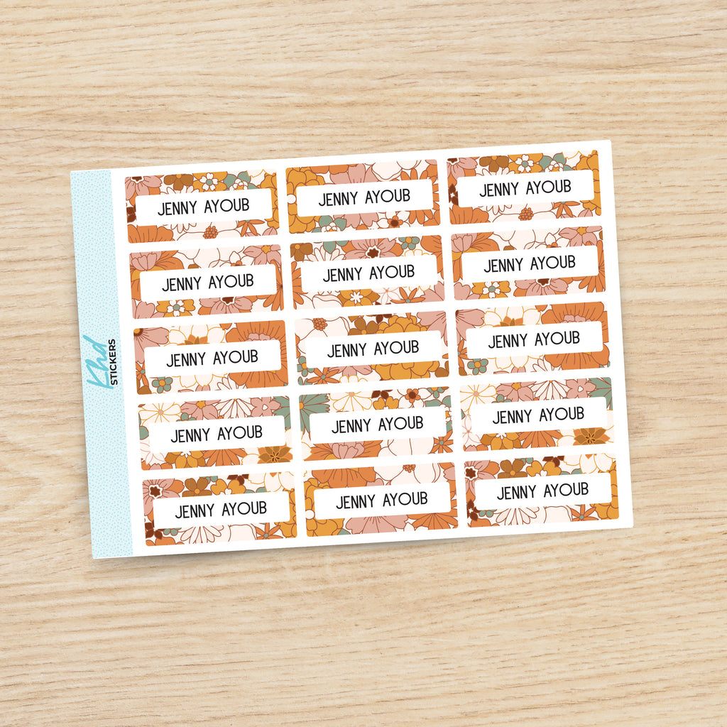 70s Groovy Floral Patterned Name Labels, Personalised Stickers for Everyone, Assorted Colours and Designs in Store