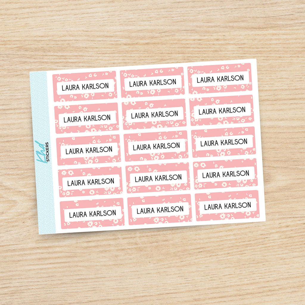 Soft Pink Floral Patterned Name Labels, Personalised Stickers for Everyone, Assorted Colours and Designs in Store