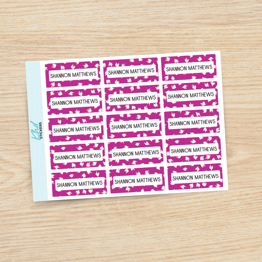 Purple Patterened Name Labels, Personalised Stickers for Everyone, Assorted Colours and Designs in Store