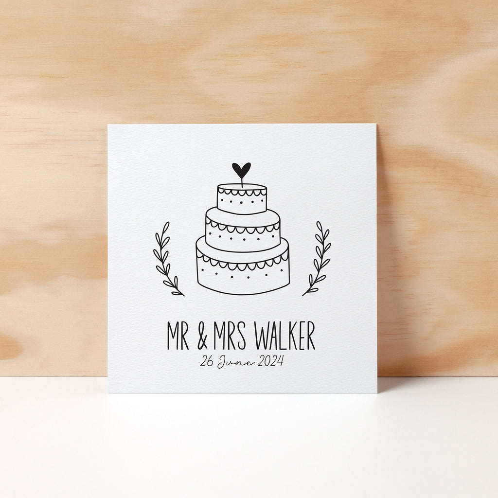 Personalised Wedding Greeting Card with Cake, Customised, Black and White Square Card - Wedding Cards - Wedding & Engagement Cards