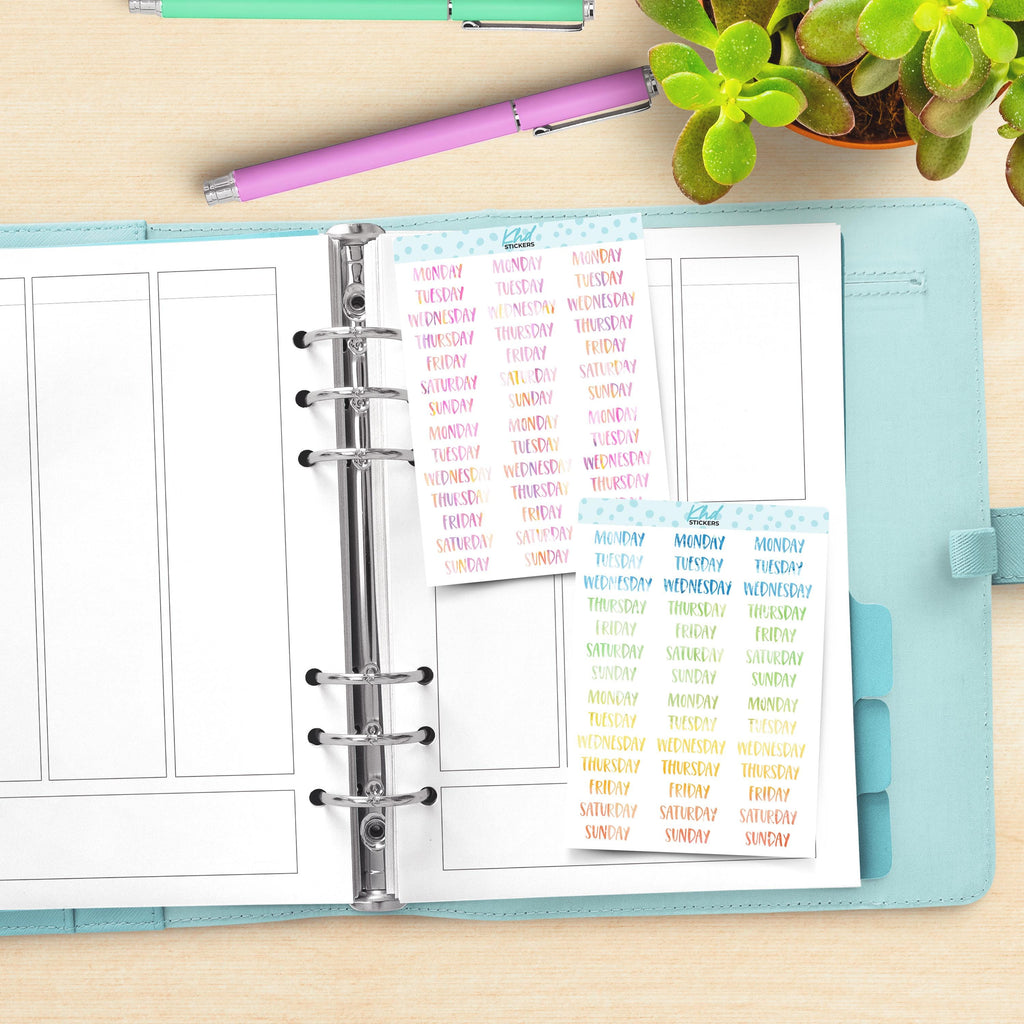 Watercolour Days of the Week Planner Stickers, Watercolour Collection, Removable