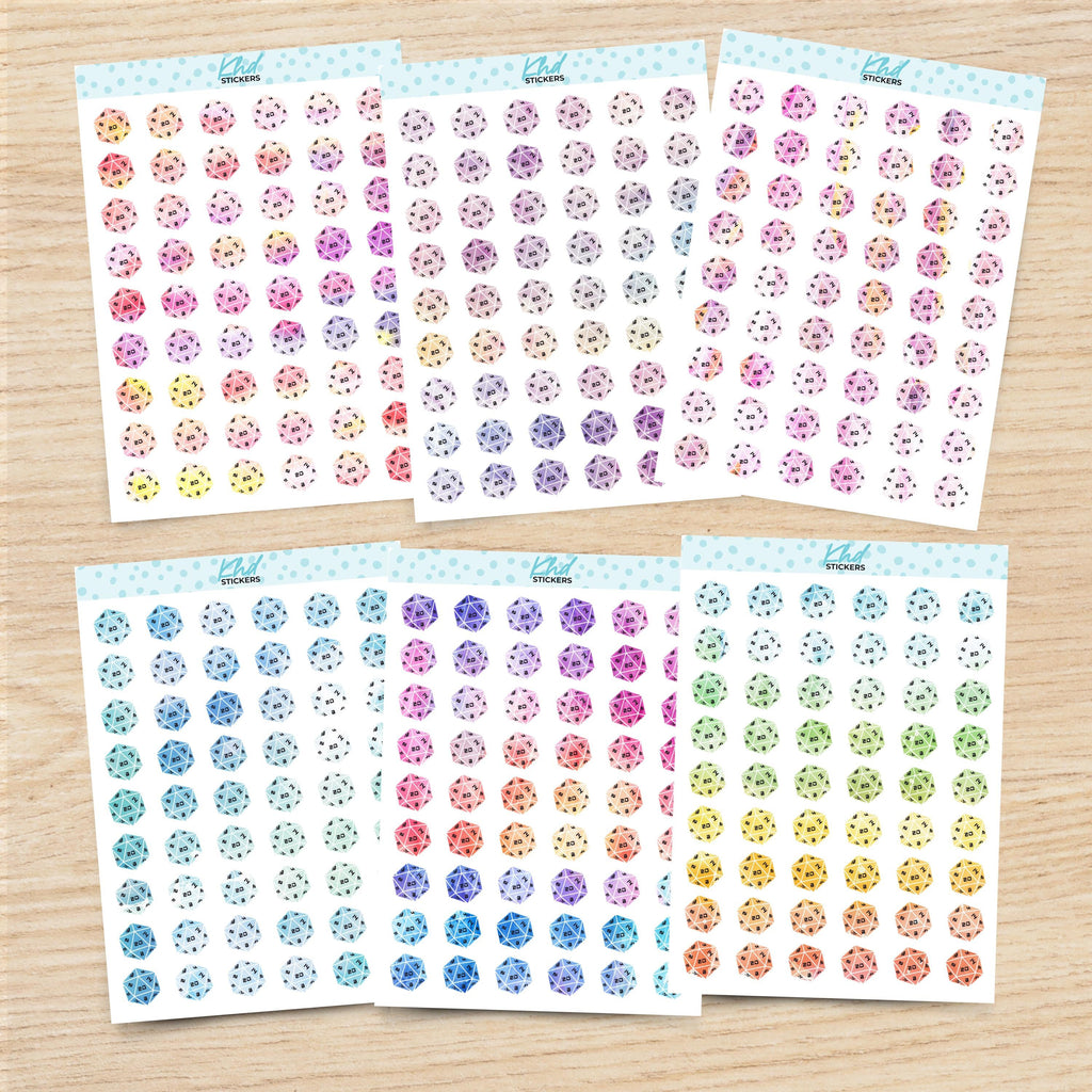 Watercolour D20 20 Sided Dice Planner Stickers, Watercolour Collection, Removable