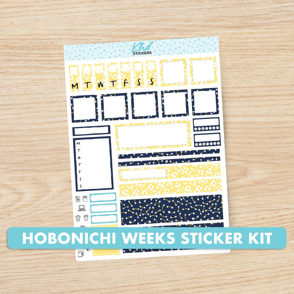 Navy blue & yellow floral sticker kit to fit Hobonichi Weeks, Set 47006