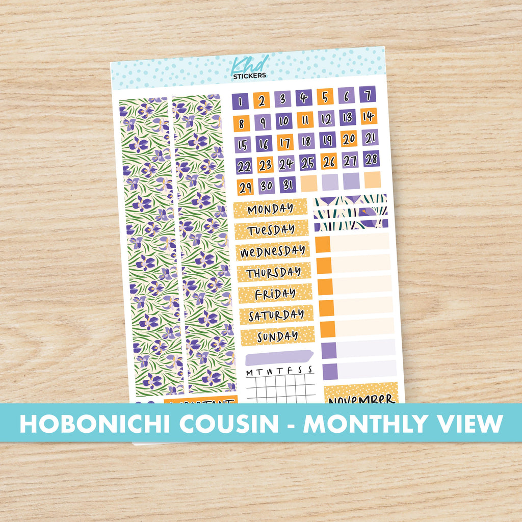 Purple Floral Hobonichi Cousin (A5) Monthly View Planner Sticker Kit