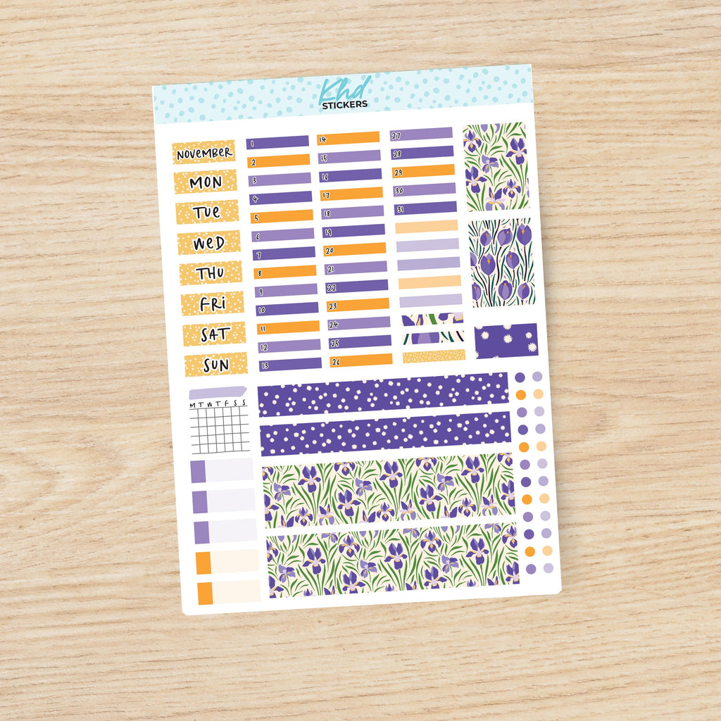 Purple Floral Hobonichi Weeks Monthly View Planner Sticker Kit