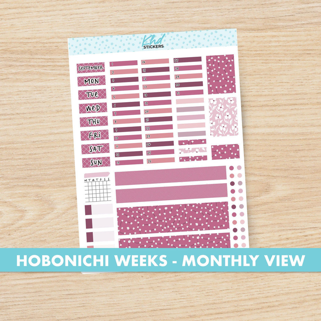 Pink Floral Hobonichi Weeks Monthly View Planner Sticker Kit, Choice of Monthly, Set 47002