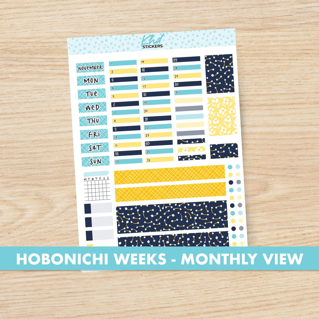 Navy Blue & Yellow Hobonichi Weeks Monthly View Planner Sticker Kit, Choice of Monthly, Set 47006