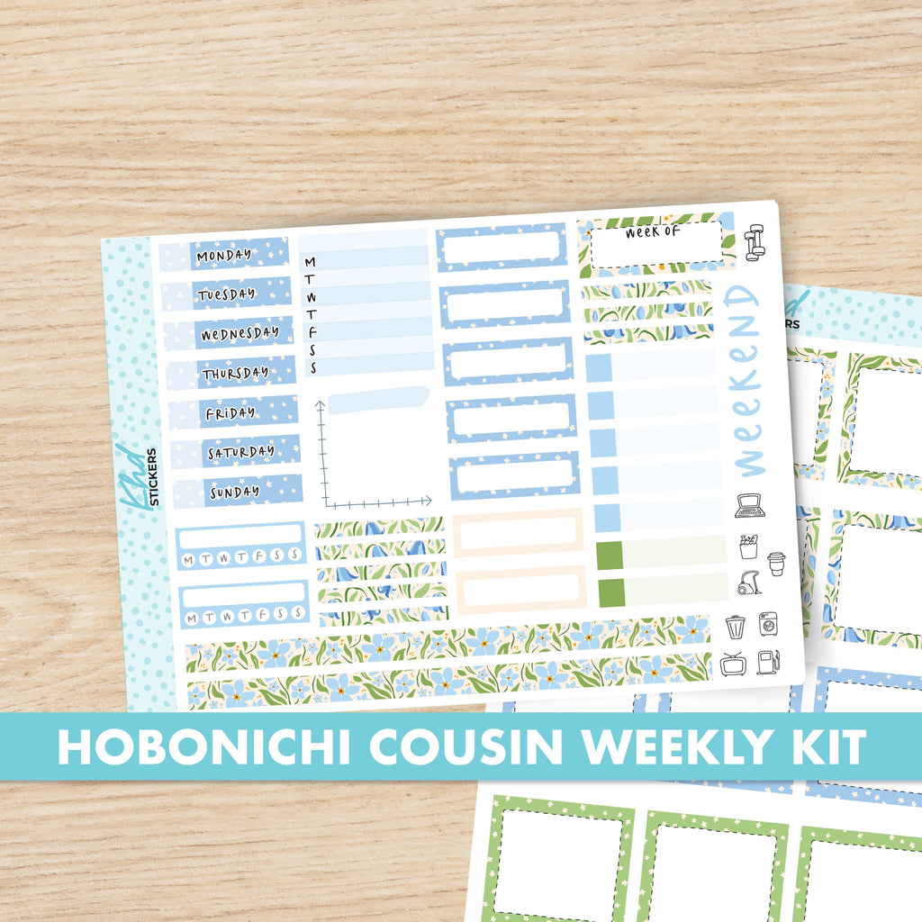 Pretty Blue & Green Floral Sticker kit to fit Hobonichi Cousin (A5) planner