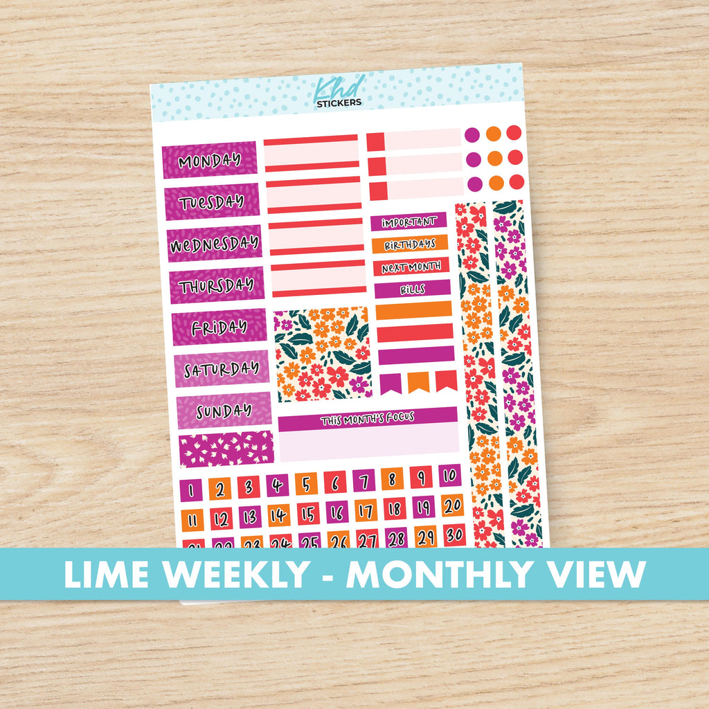 Intense Blooms Floral Lime Weekly Monthly View Planner Sticker Kit, Set 47015