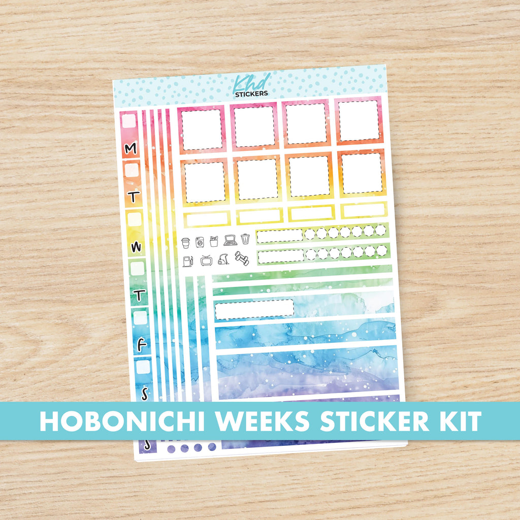 Rainbow Watercolour sticker kit to fit Hobonichi Weeks, Set 47023