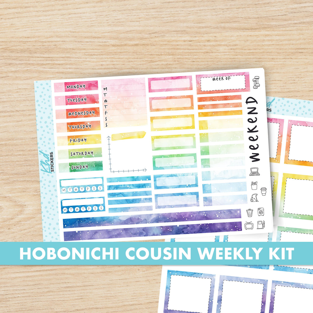 Rainbow Watercolour Sticker kit to fit Hobonichi Cousin (A5) planner, Set 47023