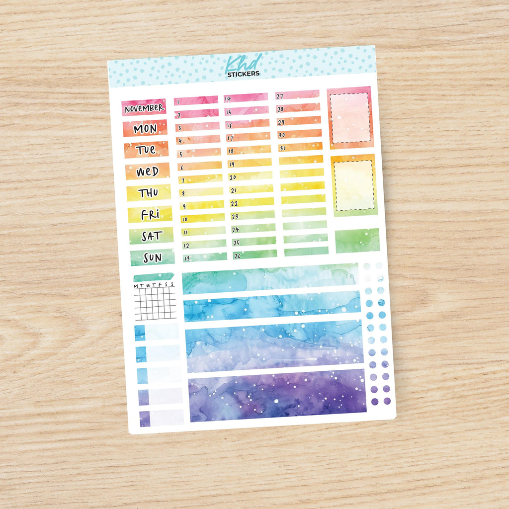 Rainbow Watercolour Hobonichi Weeks Monthly View Planner Sticker Kit, Choice of Monthly, Set 47023