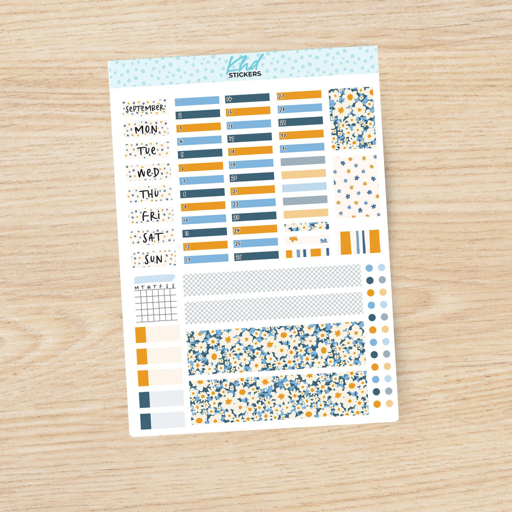 Blue & Orange Floral Hobonichi Weeks Monthly View Planner Sticker Kit