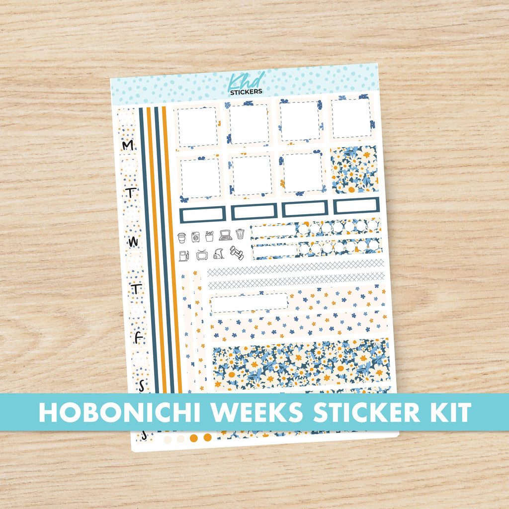 Fun Blue & Orange Floral Sticker kit to fit Hobonichi Weeks