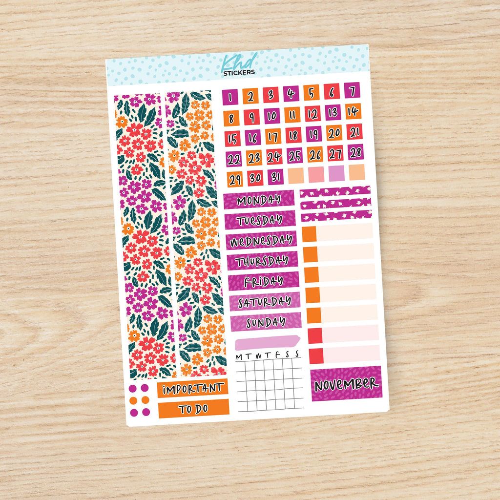 Intense Blooms Floral Hobonichi Cousin (A5) Monthly View Planner Sticker Kit, Choice of Month, Set 47015