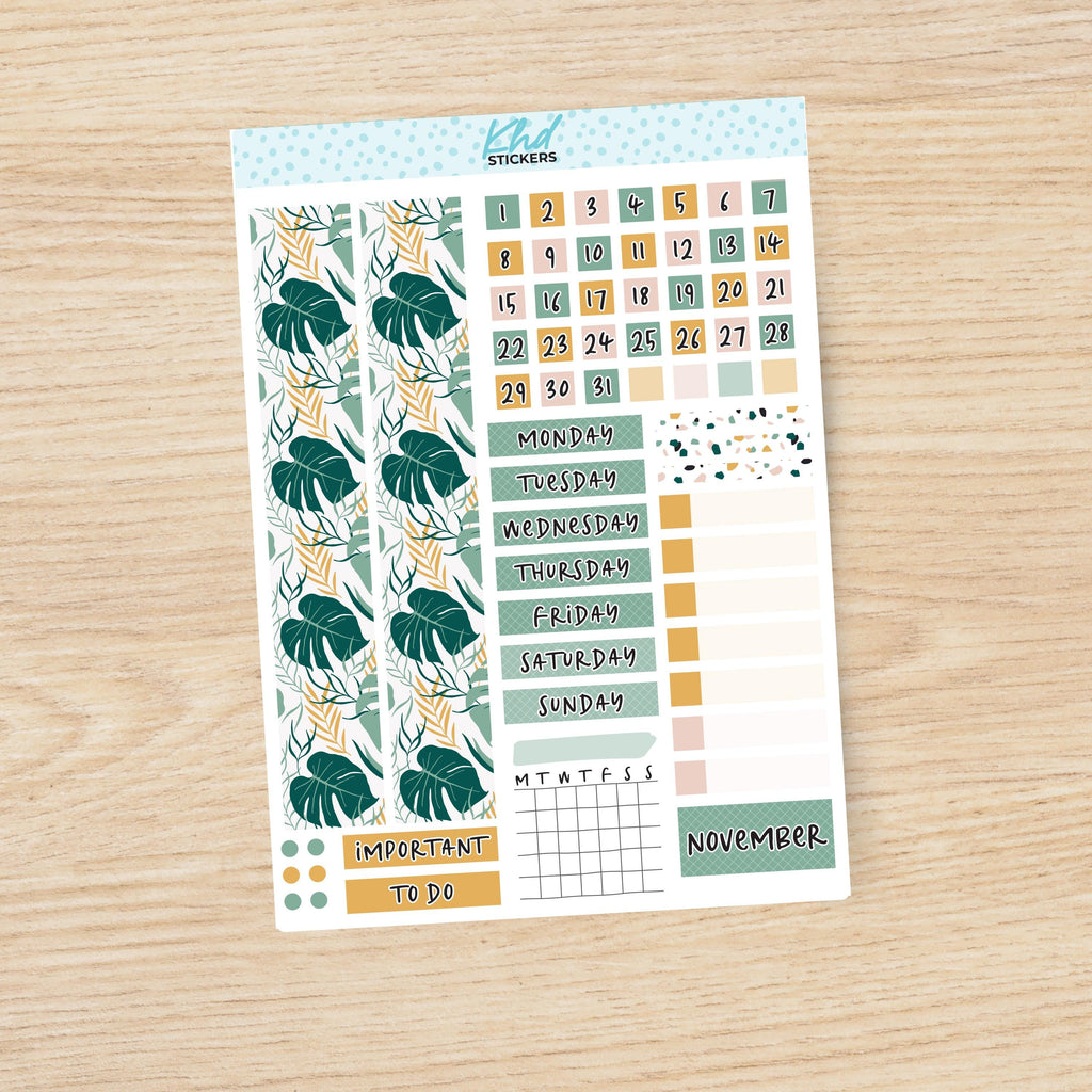 Tropical Hobonichi Cousin (A5) Monthly View Planner Sticker Kit, Choice of Month, Set 47019