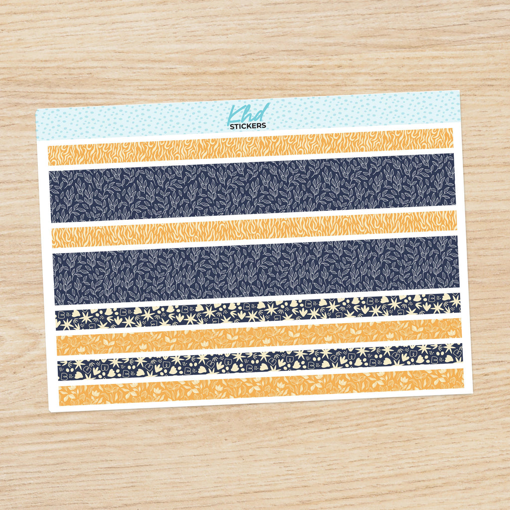 Navy Bloom Decorative Washi Strip Stickers, to fit most planners, dot journals, and notebooks. Set 47021