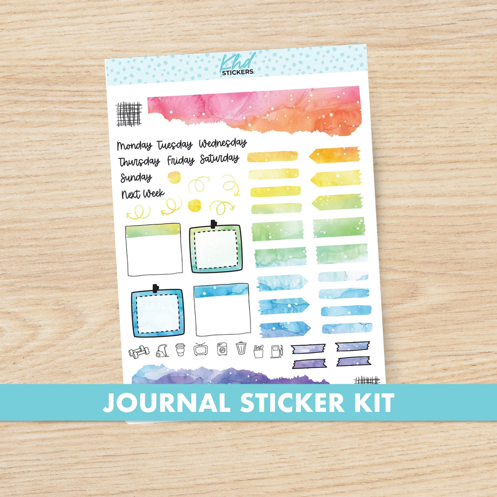 Rainbow Watercolour Journal Weekly Sticker Kit, to fit most planners, dot journals, and notebooks. Set 47023