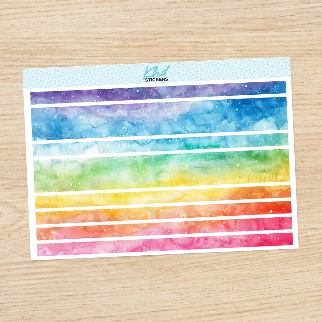 Rainbow Watercolour Decorative Washi Strip Stickers, to fit most planners, dot journals, and notebooks. Set 47023