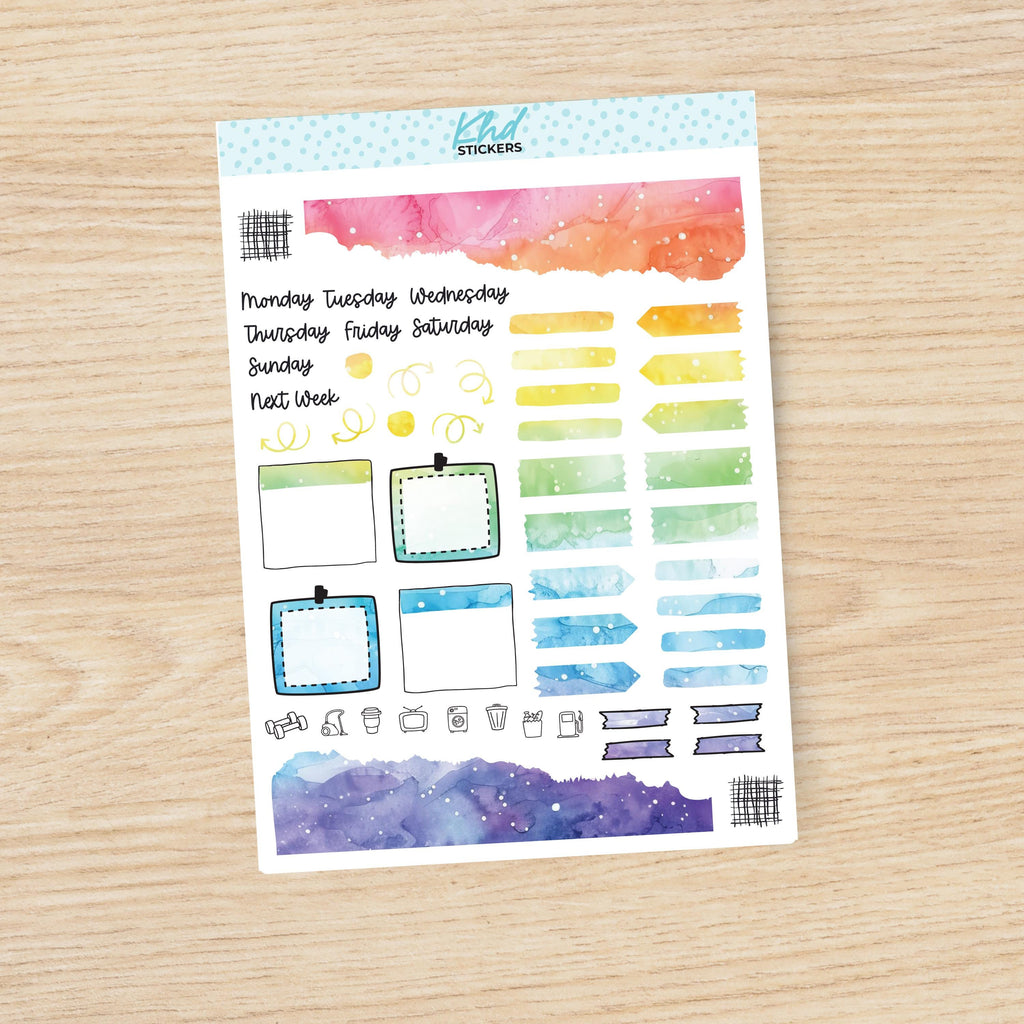 Rainbow Watercolour Journal Weekly Sticker Kit, to fit most planners, dot journals, and notebooks. Set 47023