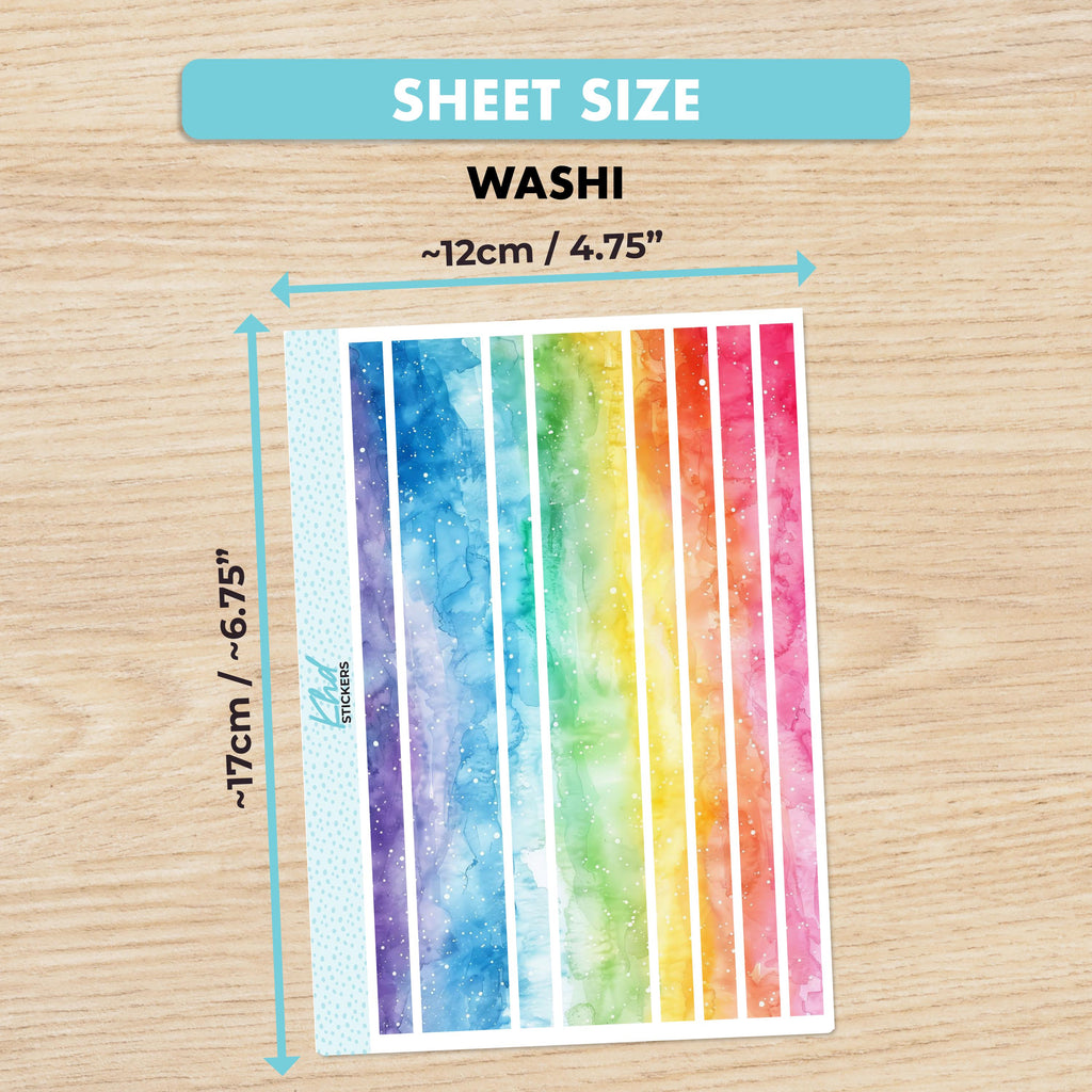 Rainbow Watercolour Decorative Washi Strip Stickers, to fit most planners, dot journals, and notebooks. Set 47023