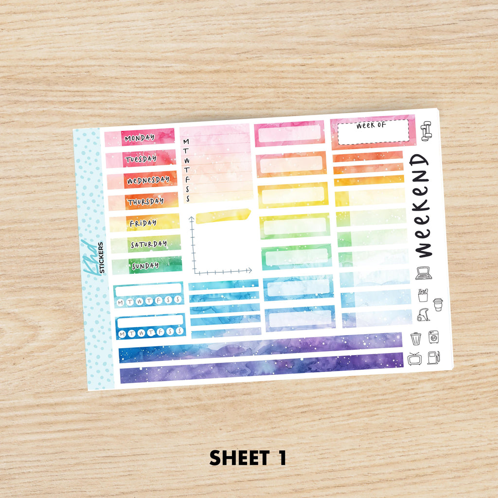 Rainbow Watercolour Sticker kit to fit Hobonichi Cousin (A5) planner, Set 47023