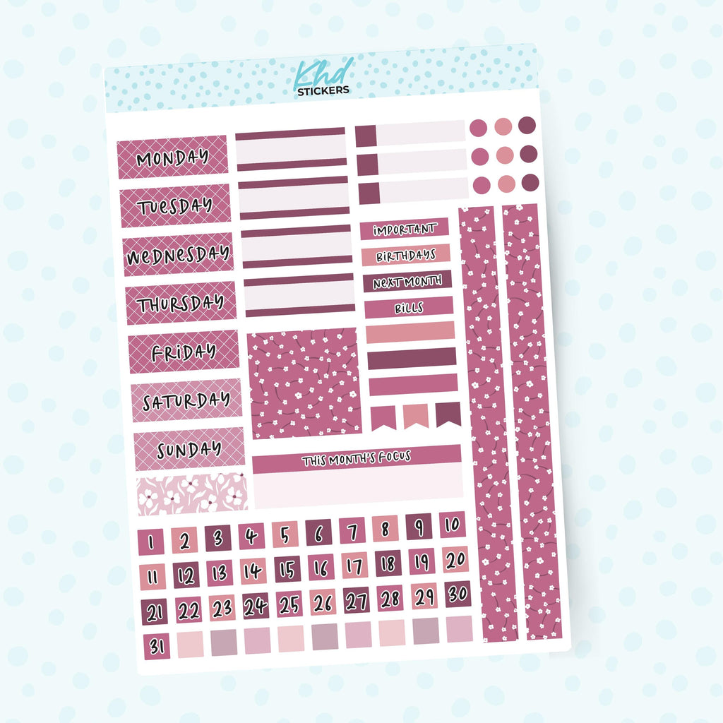 Pink Floral Lime Weekly Monthly View Planner Sticker Kit