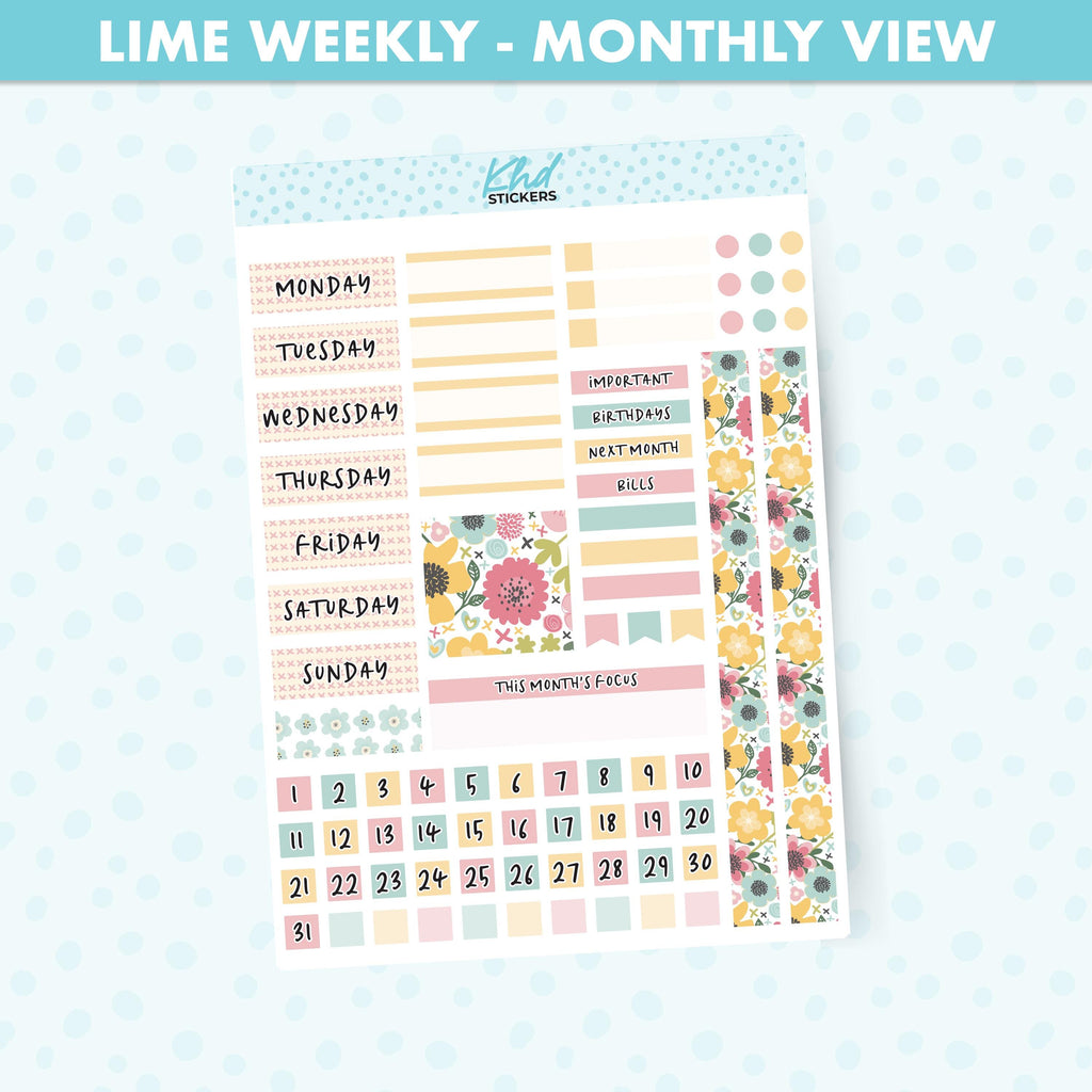 Pretty Pastel Floral Lime Weekly Monthly View Planner Sticker Kit