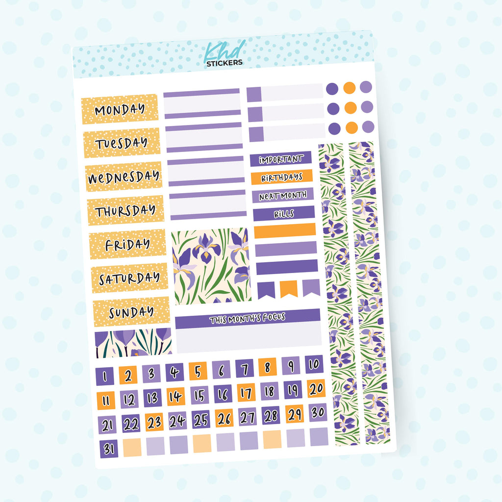 Purple Floral Lime Weekly Monthly View Planner Sticker Kit