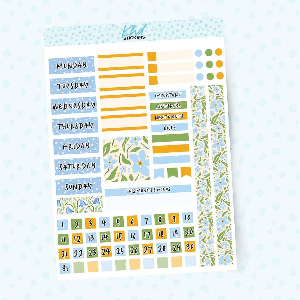 Blue & Green Floral Lime Weekly Monthly View Planner Sticker Kit