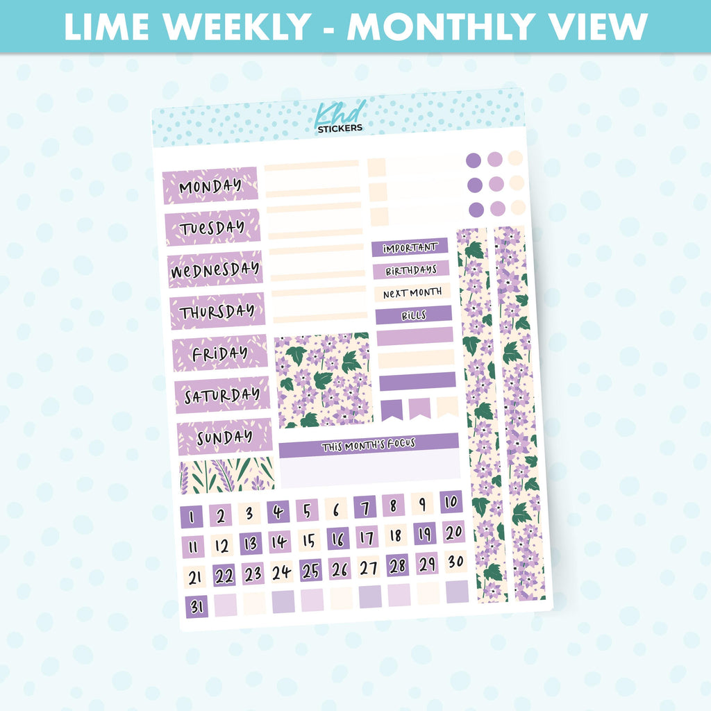 Pretty Purple Floral Lime Weekly Monthly View Planner Sticker Kit