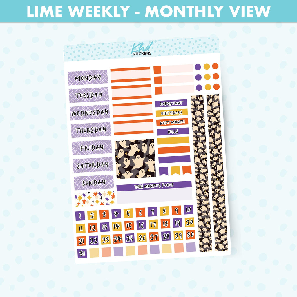 Ghostly Halloween Lime Weekly Monthly View Planner Sticker Kit