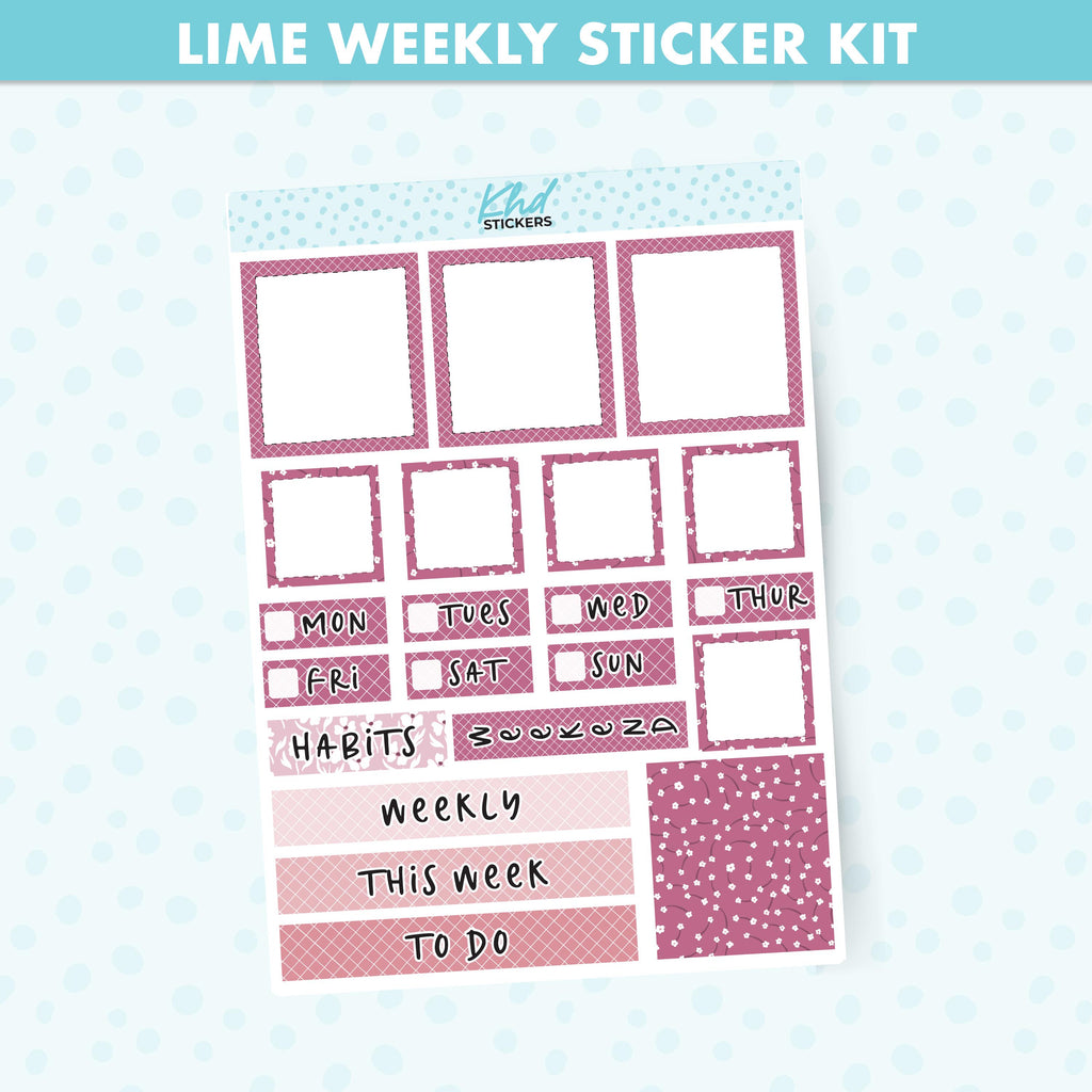 Pink Floral Lime Weekly Planner Sticker Kit