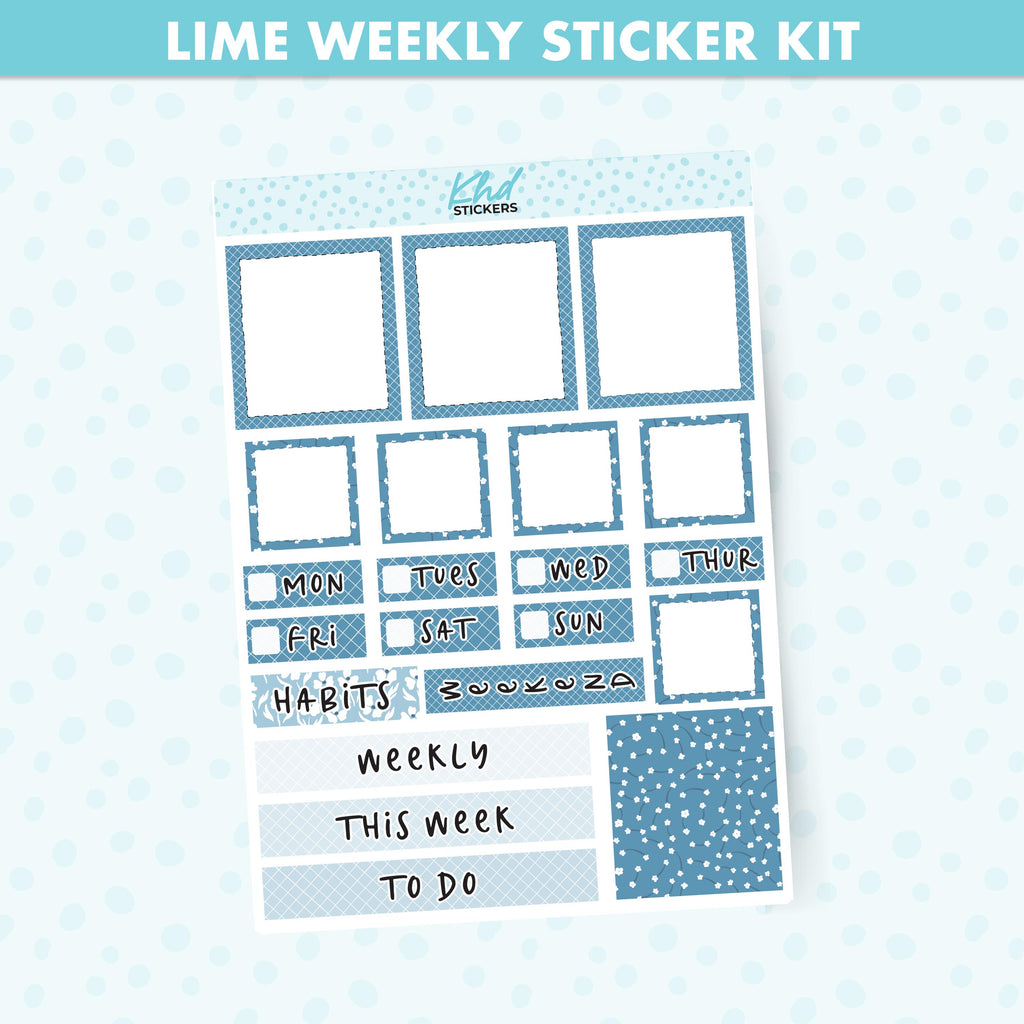 Blue Floral Lime Weekly Planner Sticker Kit