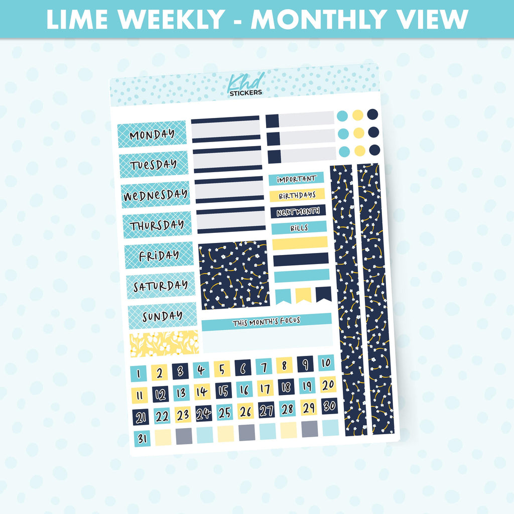 Navy Blue & Yellow Floral Lime Weekly Monthly View Planner Sticker Kit