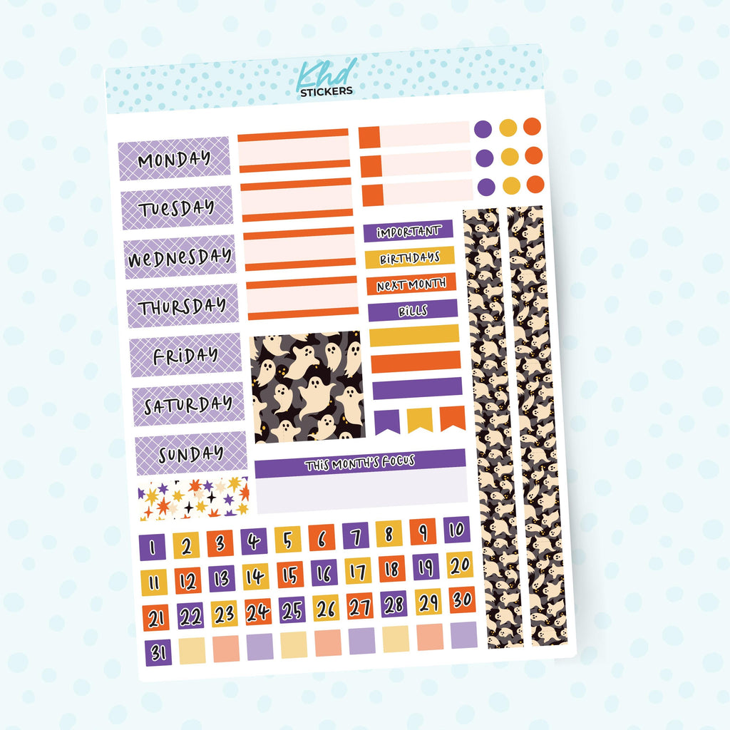 Ghostly Halloween Lime Weekly Monthly View Planner Sticker Kit