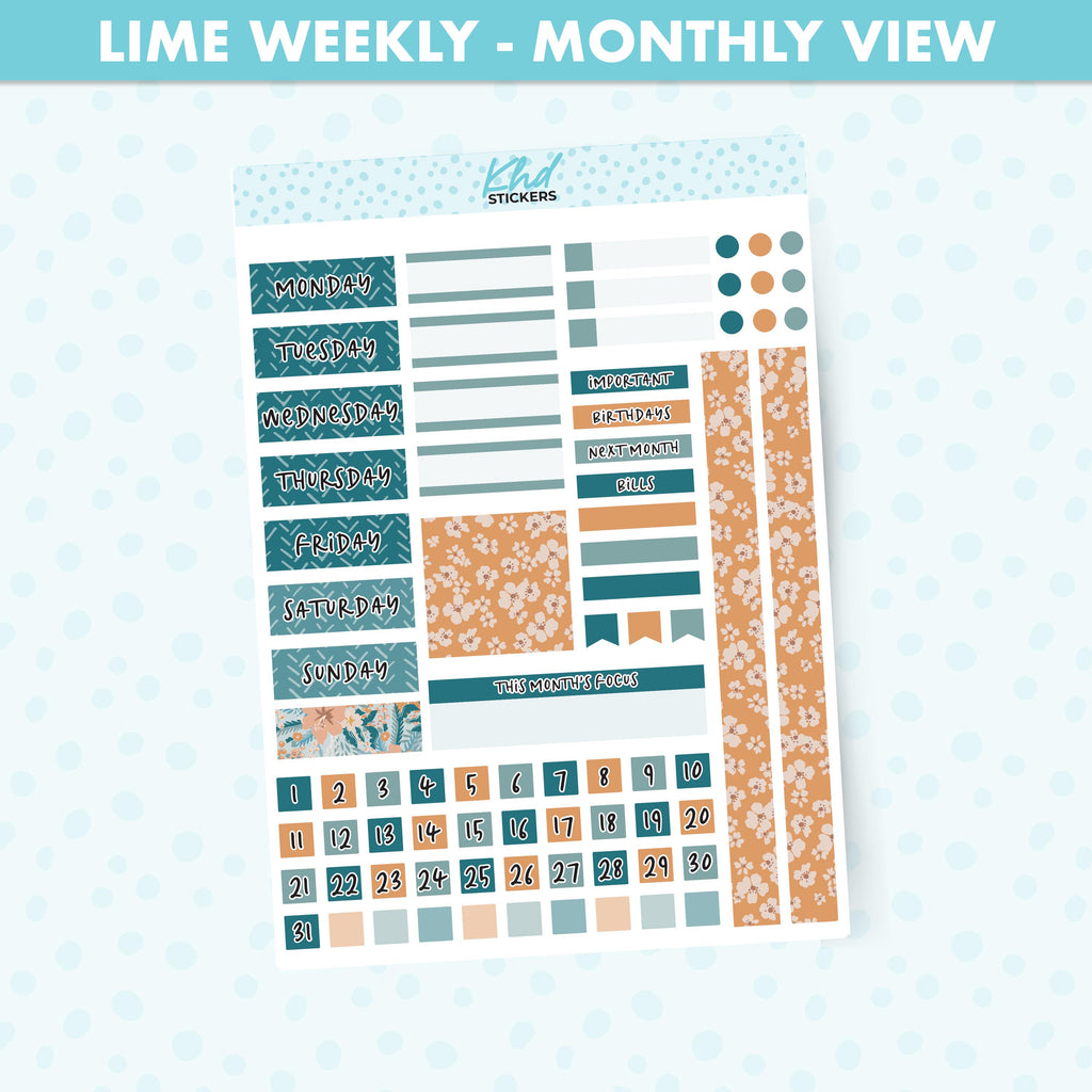 Wild Floral Lime Weekly Monthly View Planner Sticker Kit