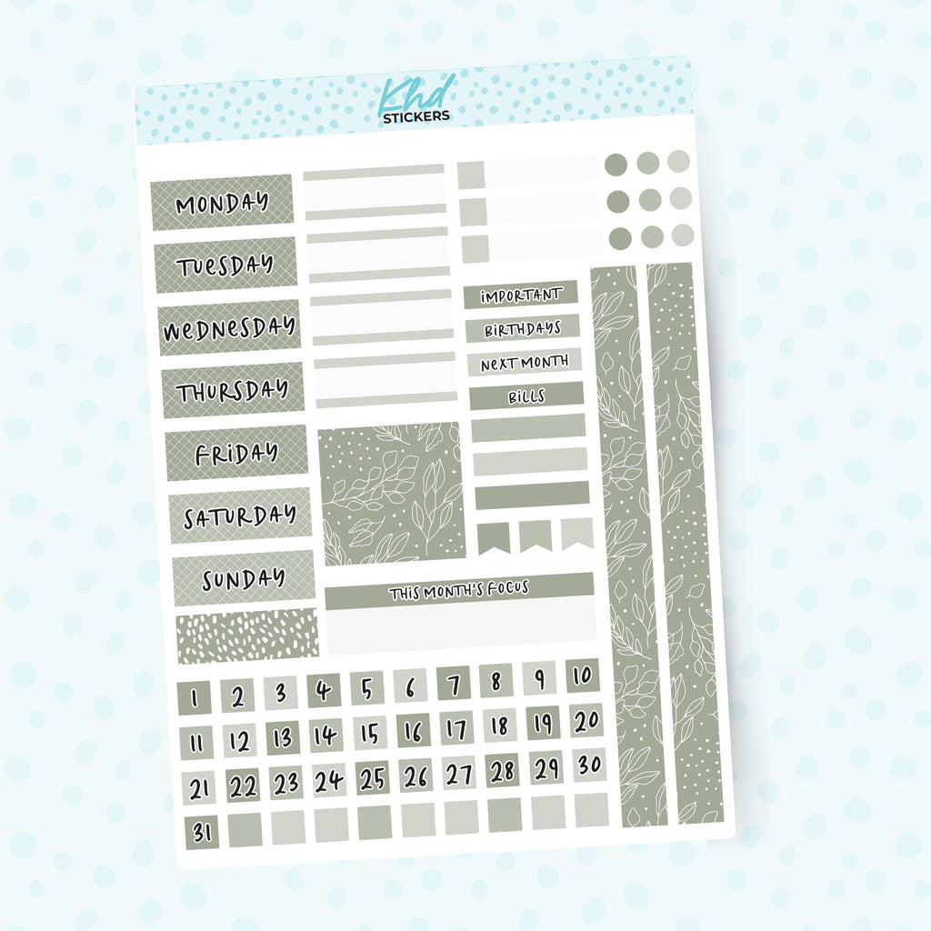 Relaxed Sunday Lime Weekly Monthly View Planner Sticker Kit