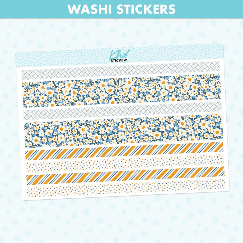 Blue & Orange Floral Decorative Washi Strip Stickers