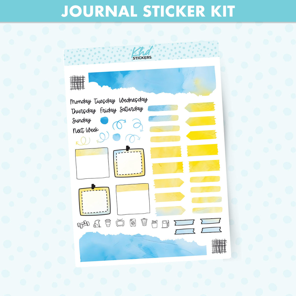 Blue & Yellow Watercolour Journal Weekly Sticker Kit, to fit most planners, dot journals, and notebooks. Set 47024