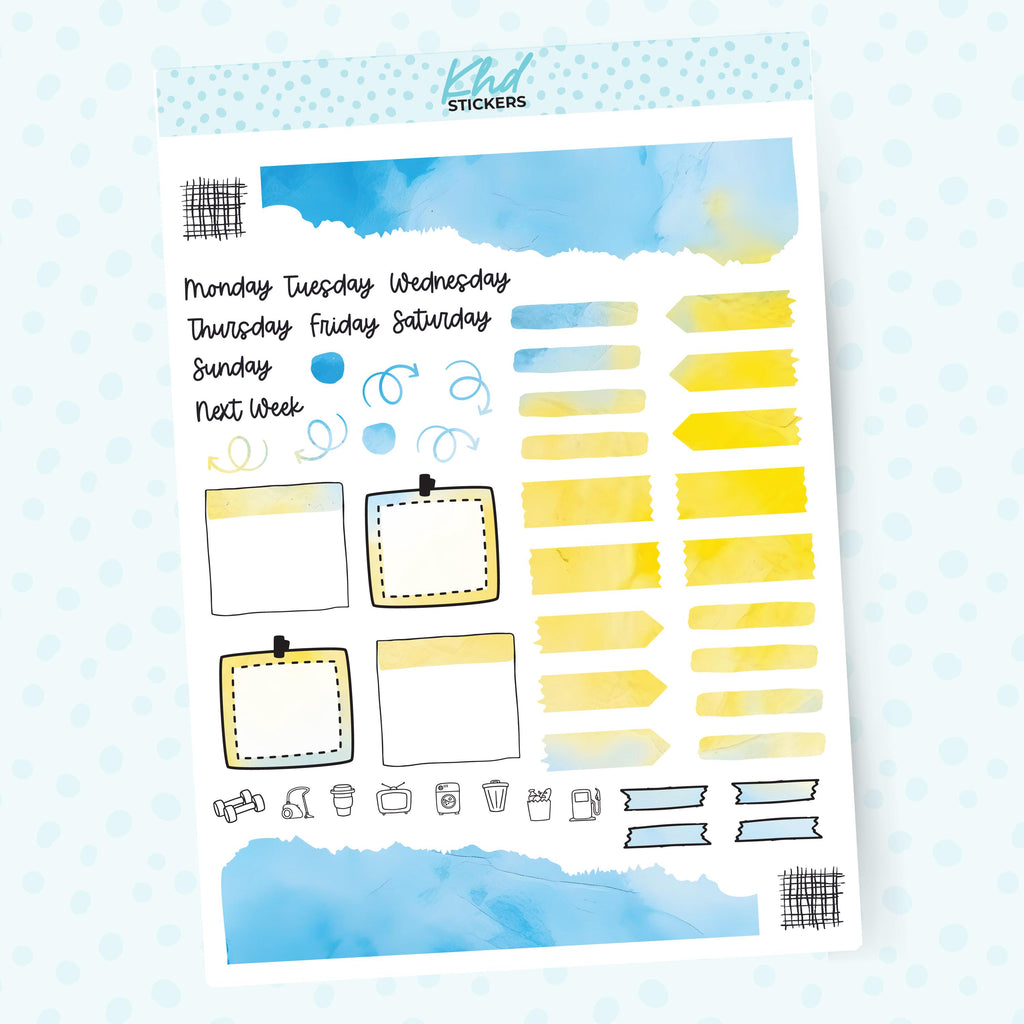 Blue & Yellow Watercolour Journal Weekly Sticker Kit, to fit most planners, dot journals, and notebooks. Set 47024